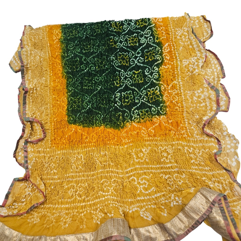 Bandhani Dupatta Scarf Womens OS Yellow Green Orange Silk Blend Zari Border Boho